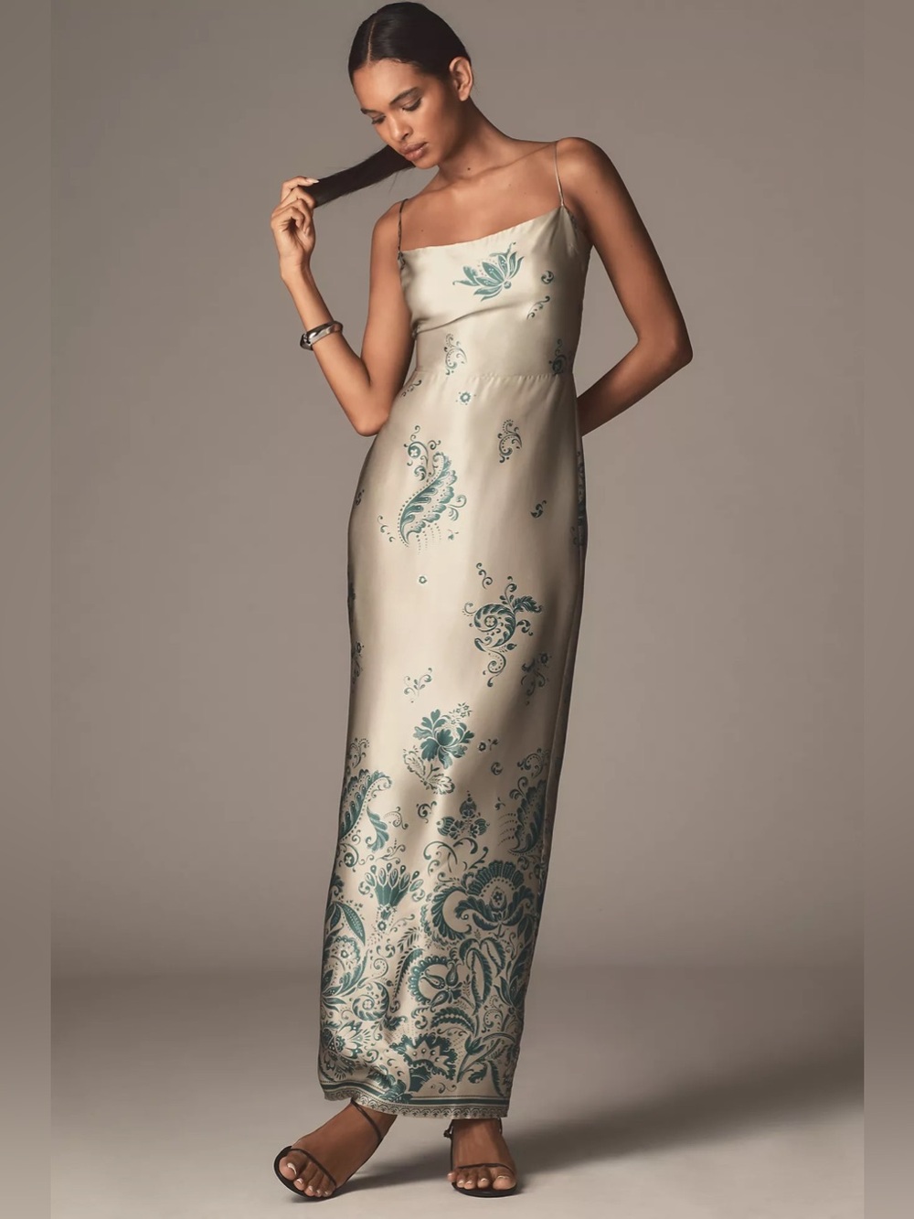 Reformation Cream Slip Dress with Teal Paisley Print
